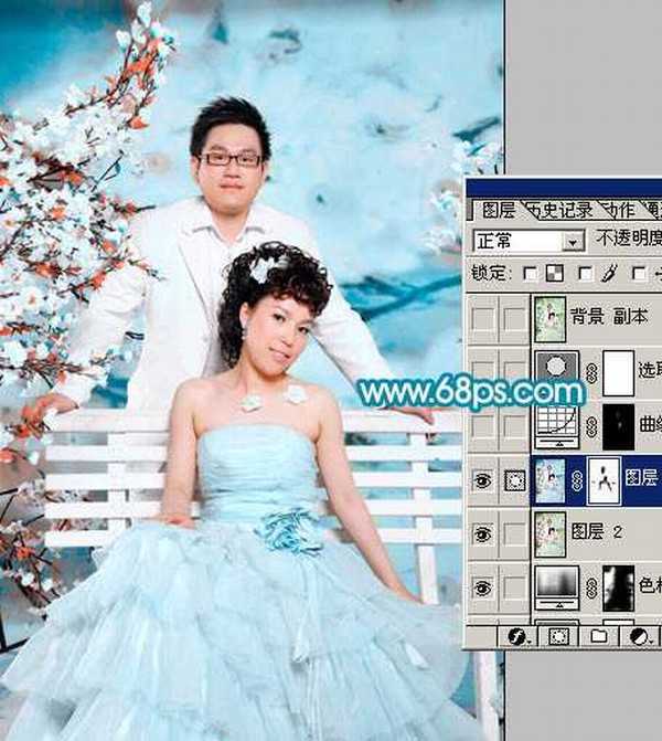 Photoshop 打造淡蓝色的室内婚片