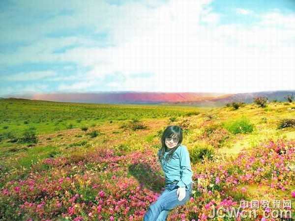 photoshop 坐在绚丽野花中的女孩合成方法