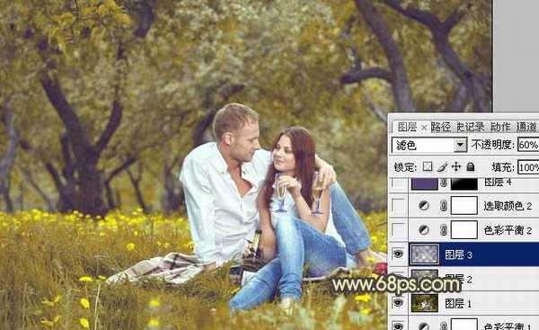 Photoshop将树林情侣图片调成甜美的粉黄色