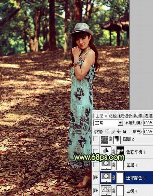 Photoshop将树林美女图片调成柔和的暗调红青色