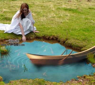 photoshop合成制作池塘边戏水美女