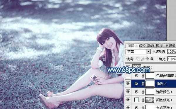 photoshop利用通道替换打造唯美的青蓝色草地美女图片