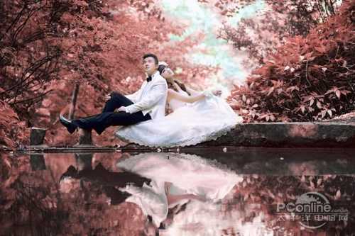 Photoshop将外景婚纱照打造出浪漫的暗红色