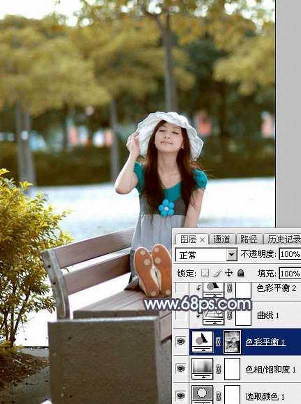 Photoshop给公园长凳上的美女调制出秋季蓝黄色