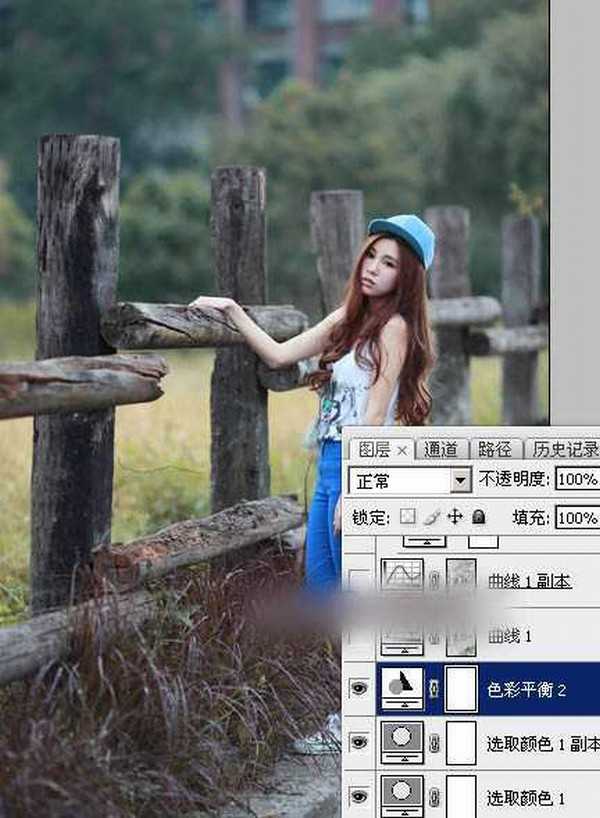 Photoshop为木桩边的美女人物加上高对比蓝黄色效果教程