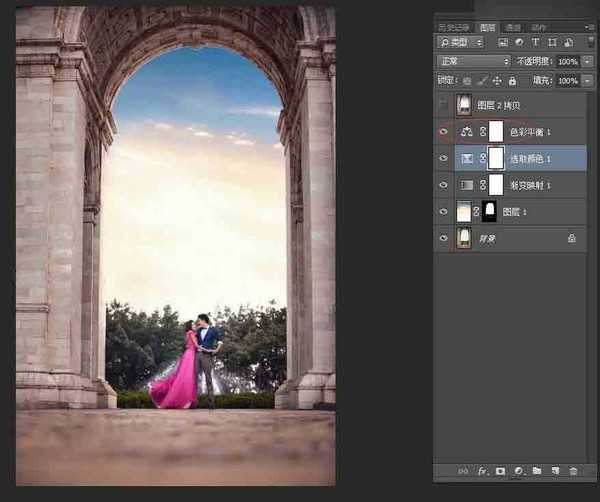 Photoshop调出时尚大气的外景建筑婚纱照片