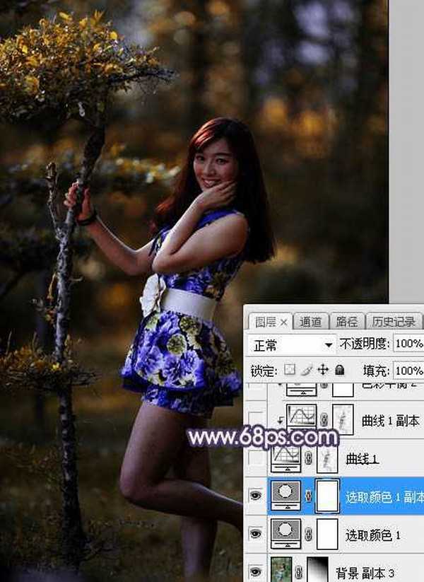 Photoshop将树林人物图片调制出高对比暗调蓝黄色
