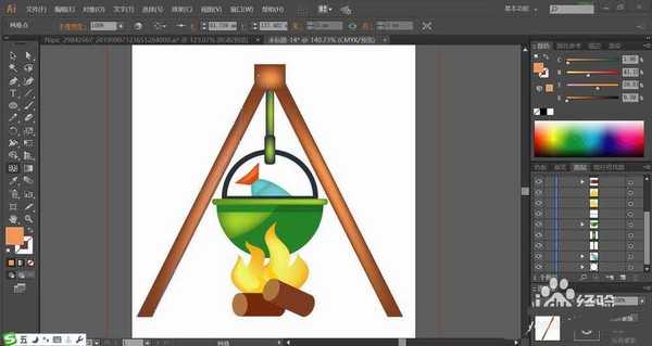 ai怎么设计火堆煮鱼的插画? ai烤鱼架矢量图的画法